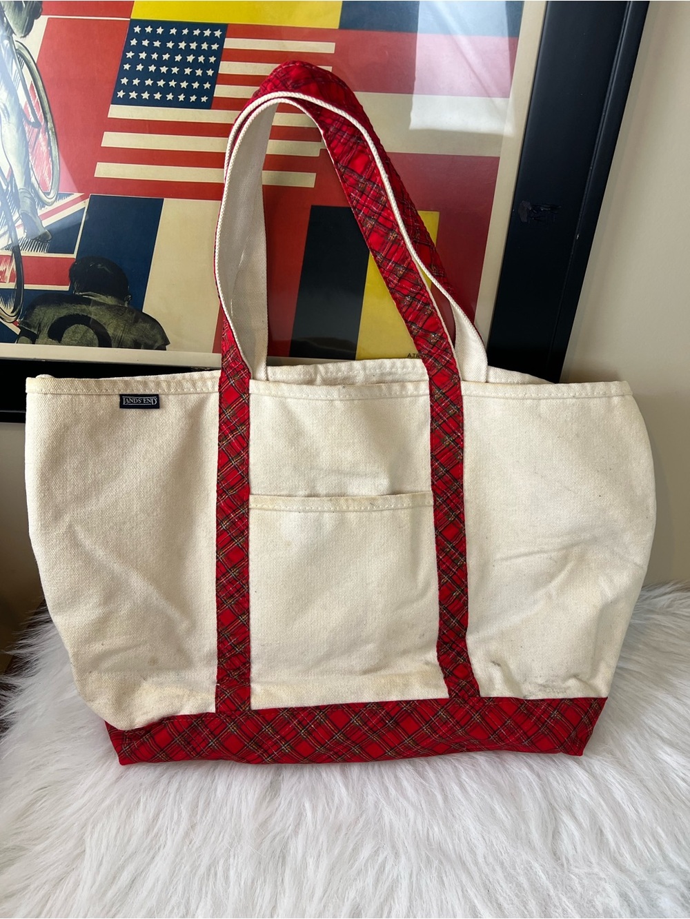 Lands end red tartan plaid heavy canvas boat tote large